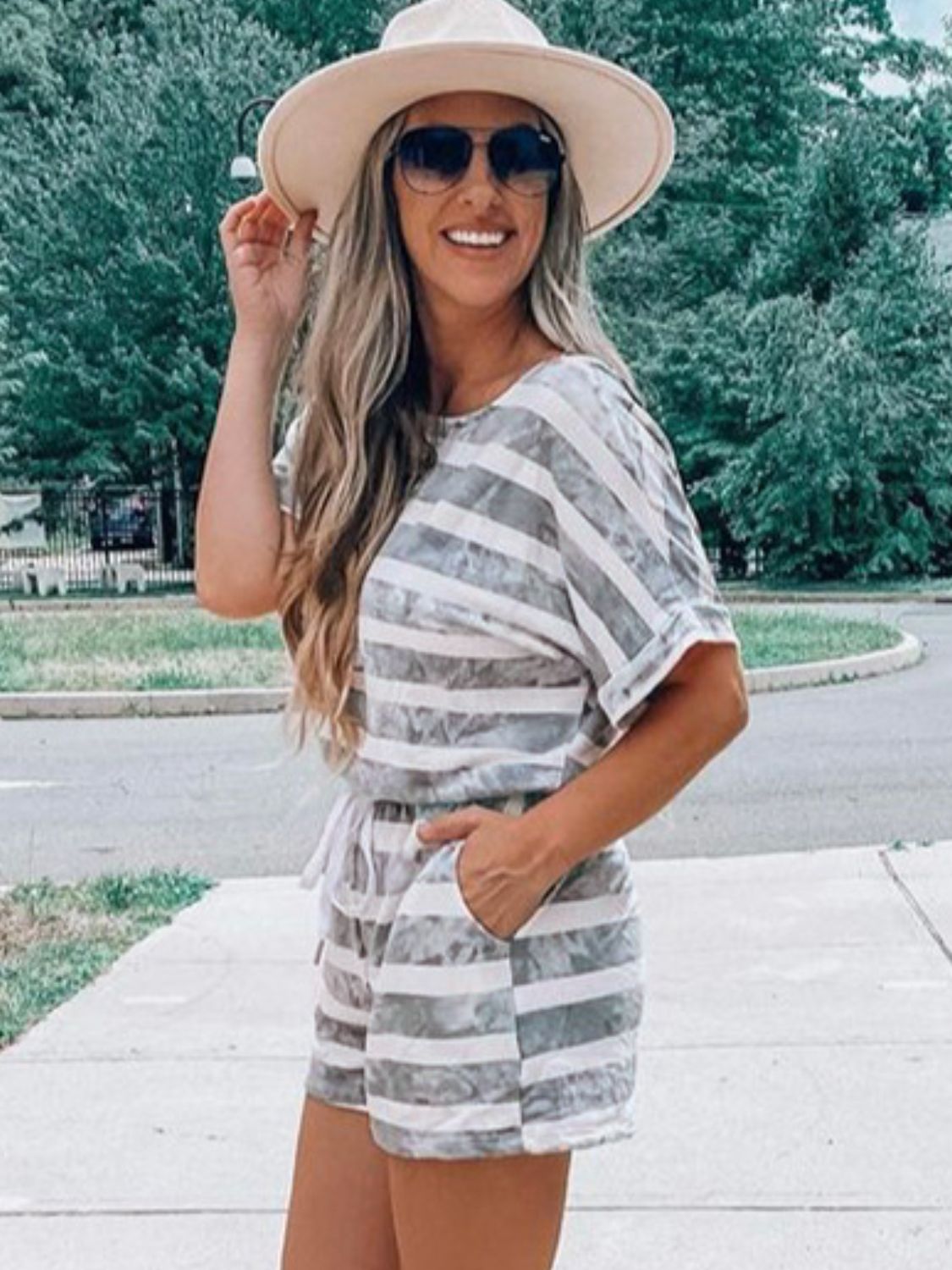 Striped Round Neck Top and Shorts Set